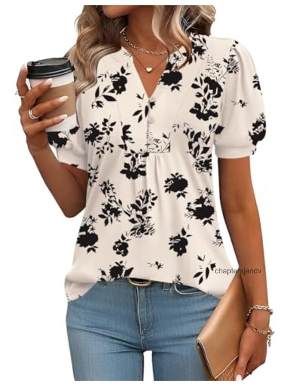 Womens Puff Sleeve V-Neck Blouse Dressy Casual Short Sleeve T-Shirt